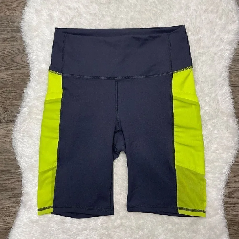Fabletics Powerhold High Waisted Shorts Navy Blue Yellow Size Small - Picture 3 of 10